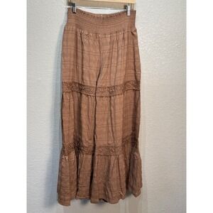 Southern Stitch Womens Brown Tiered Wide Leg Pants Crochet Lace‎ Ruffle LG NEW